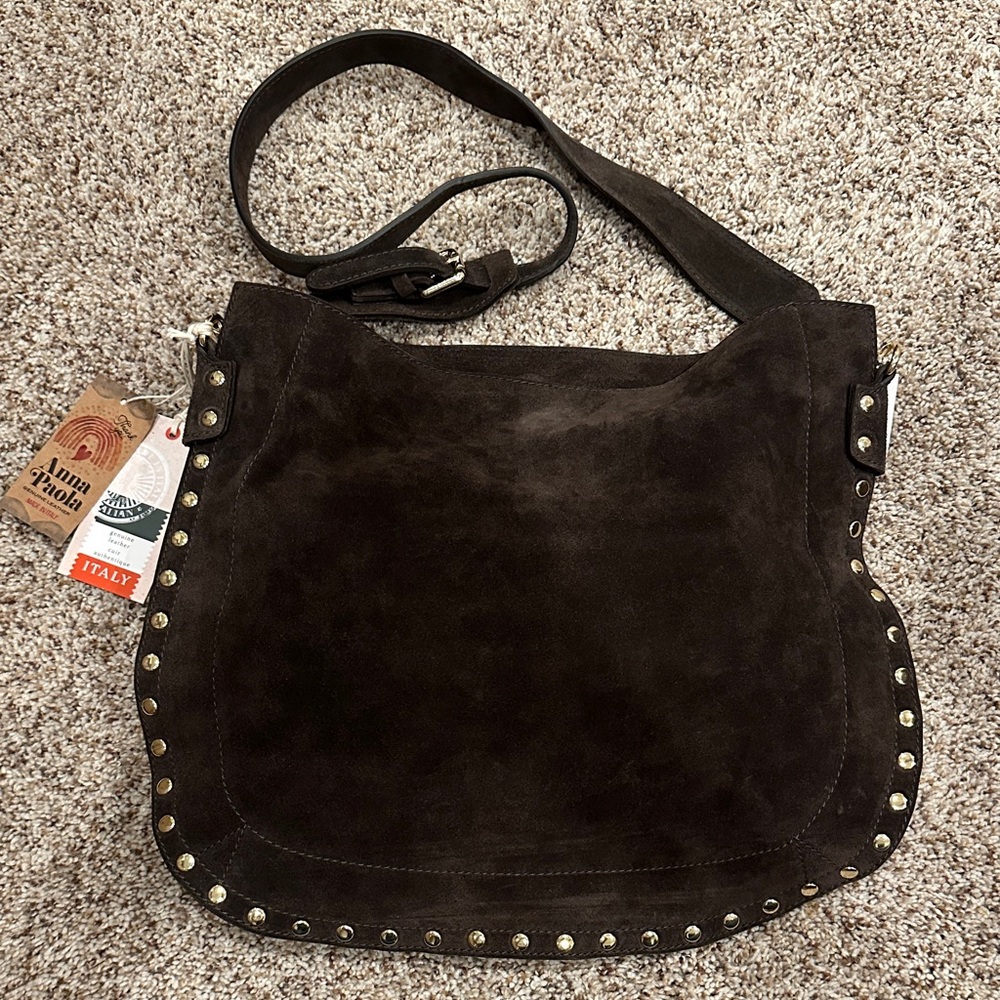 Anna Paola Dark Brown Suede Studded Shoulder Bag